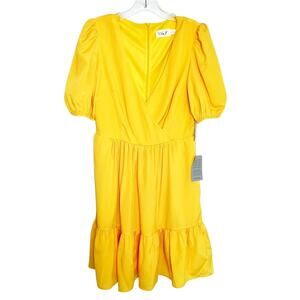 Eliza J Women Surplice Neck Puff Sleeve Fit & Flare Yellow Dress 6 BRAND NEW